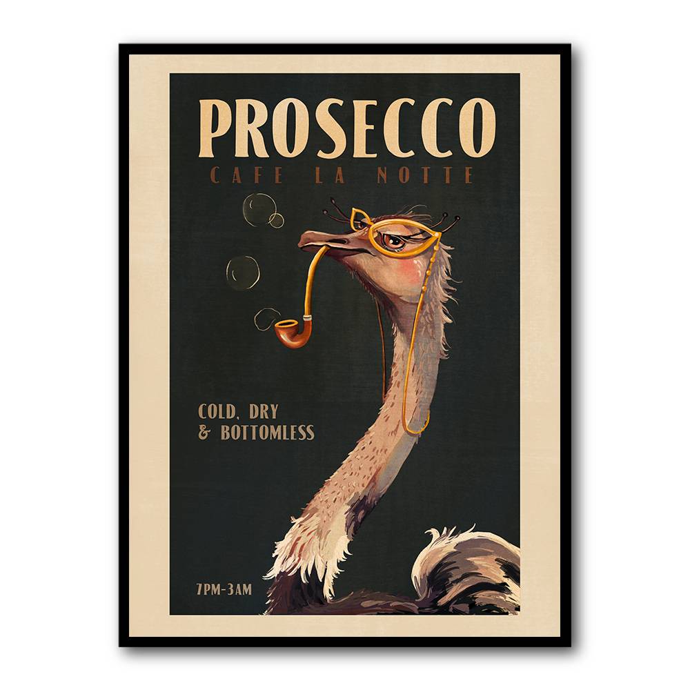 Cute Art Deco Prosecco Poster Of An Ostrich Wall Art