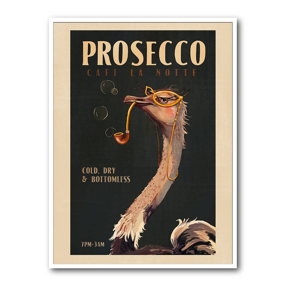 Cute Art Deco Prosecco Poster Of An Ostrich Wall Art