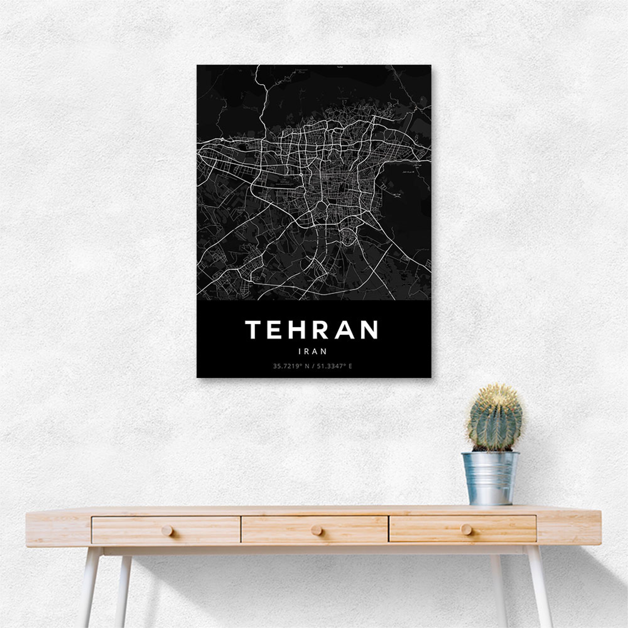 Tehran City Map Black Wall Art