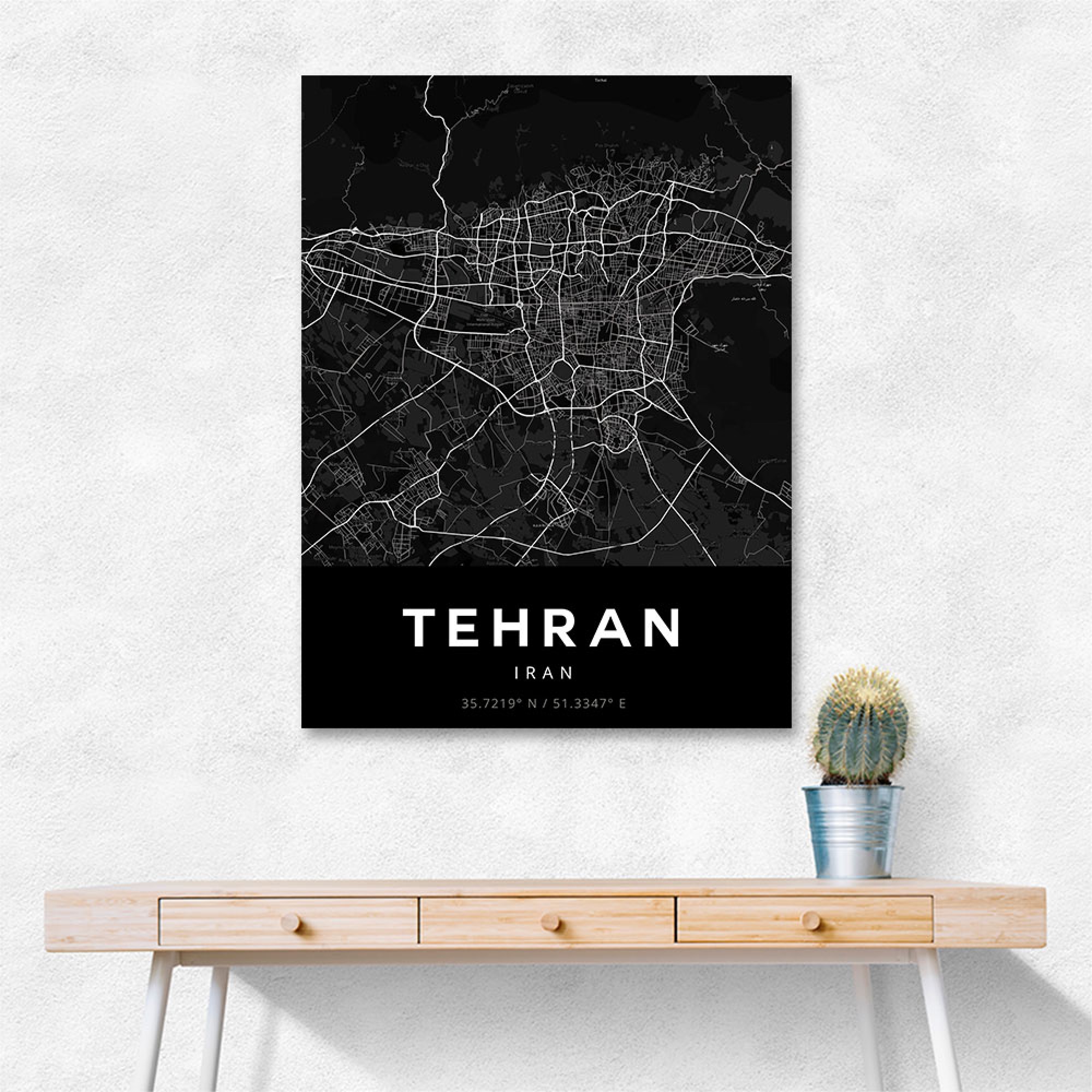 Tehran City Map Black Wall Art