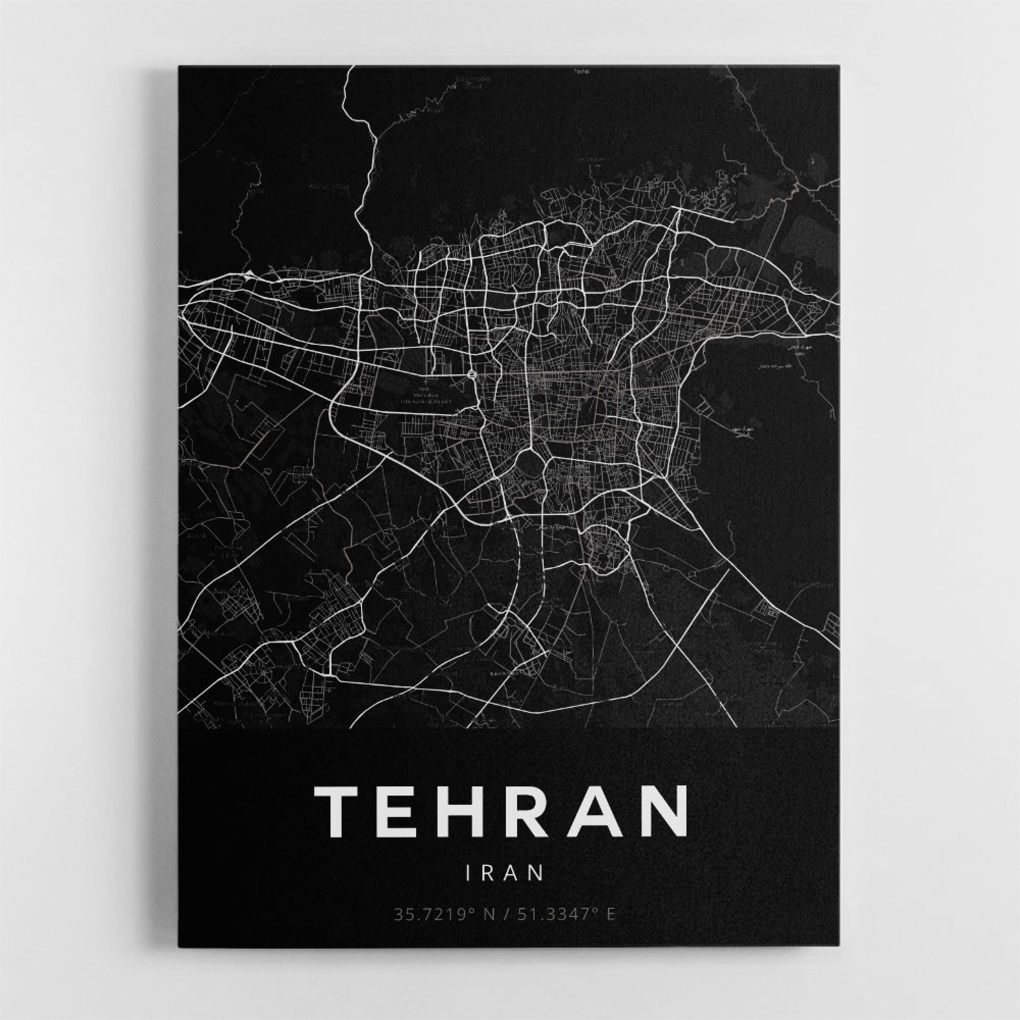 Tehran City Map Black Wall Art