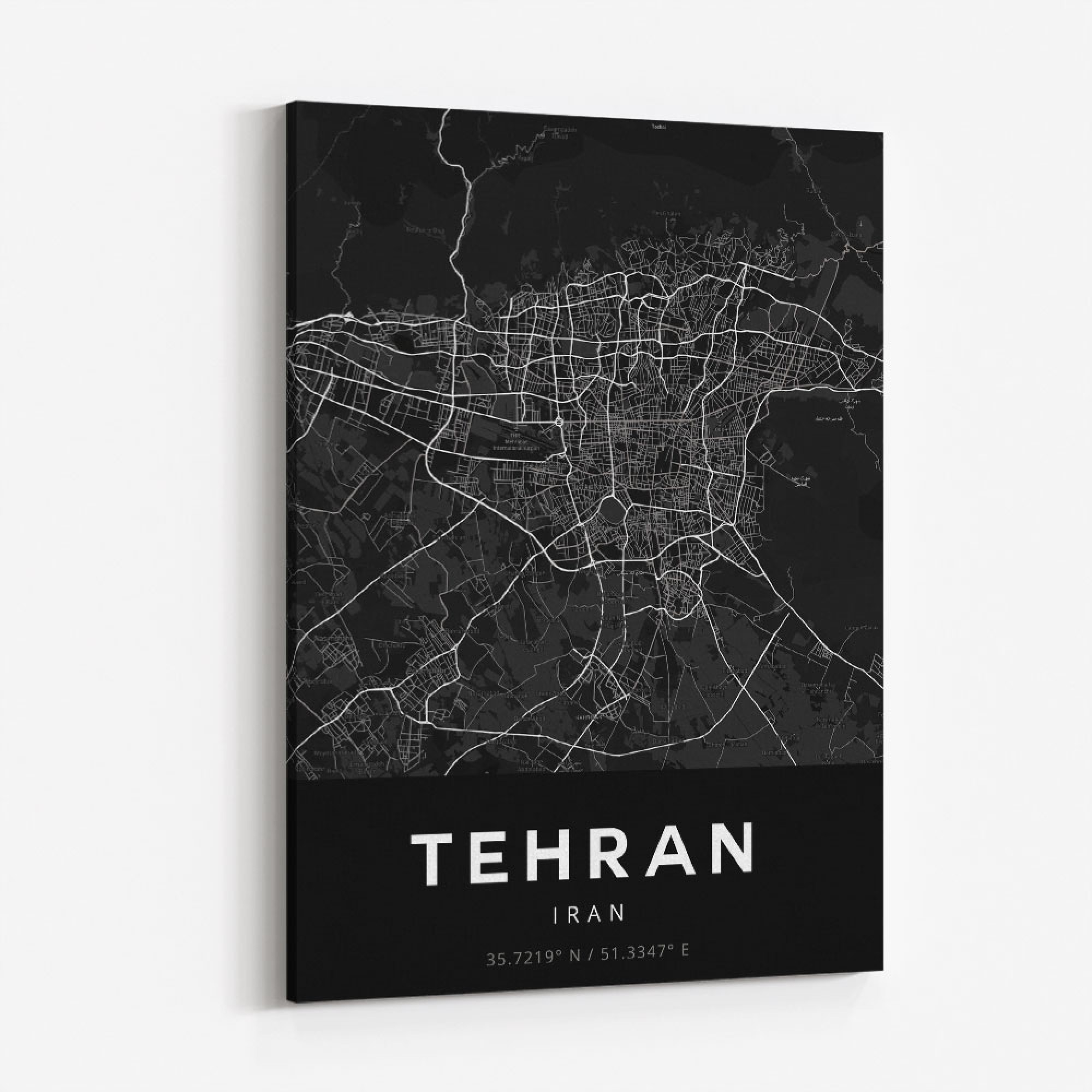 Tehran City Map Black Wall Art