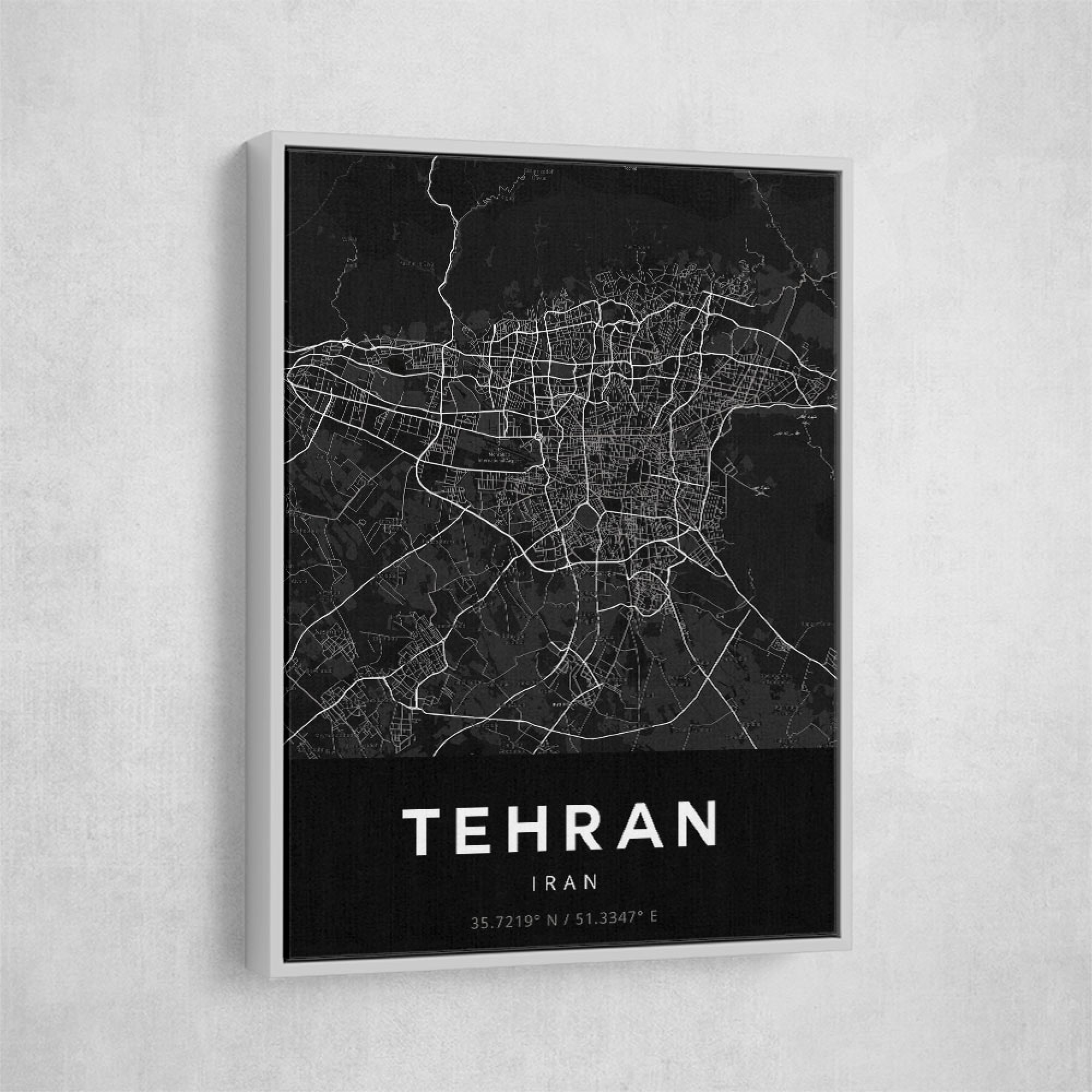 Tehran City Map Black Wall Art