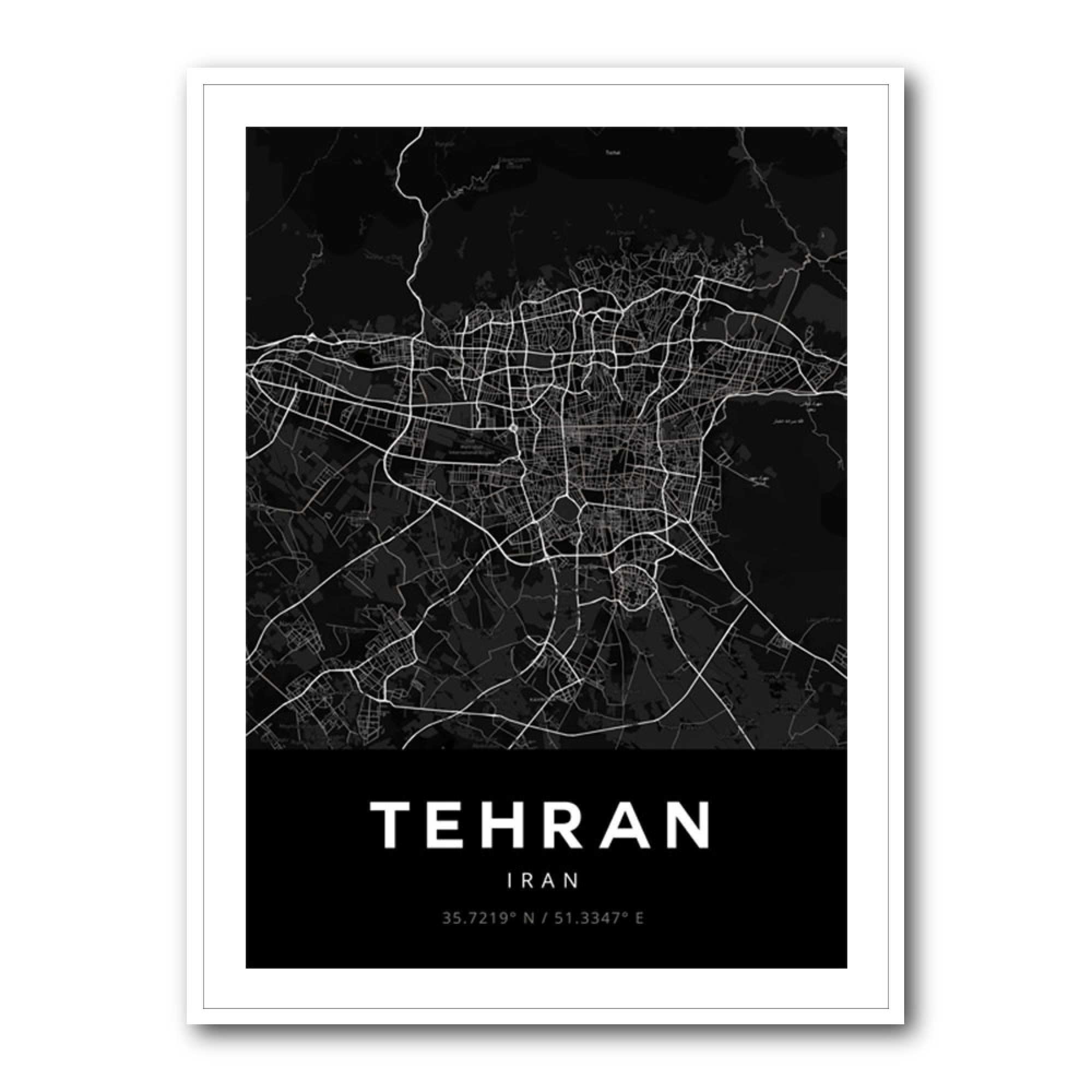 Tehran City Map Black Wall Art