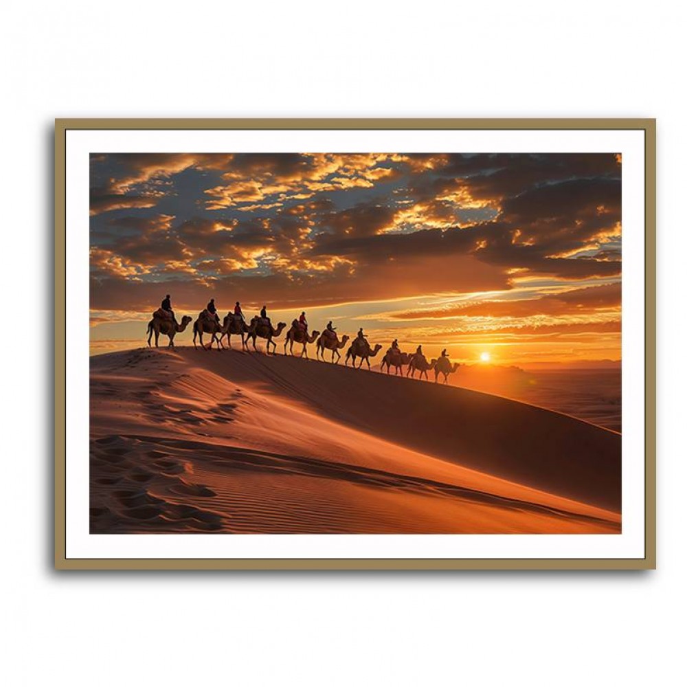 Camel Train at Sunset in the Desert