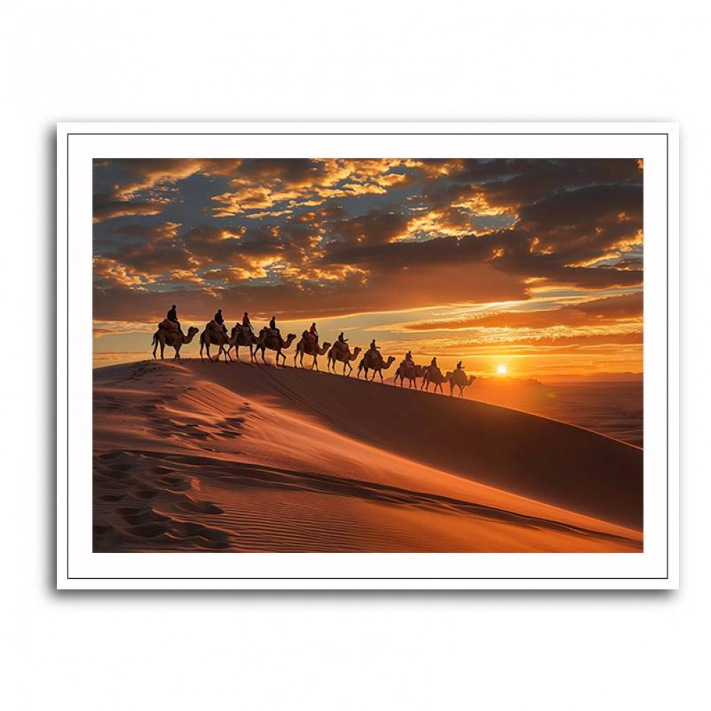 Camel Train at Sunset in the Desert